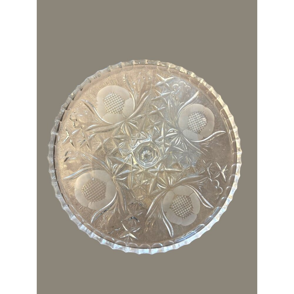 Vintage Cut Glass Cake Stand With Floral & Starburst Design